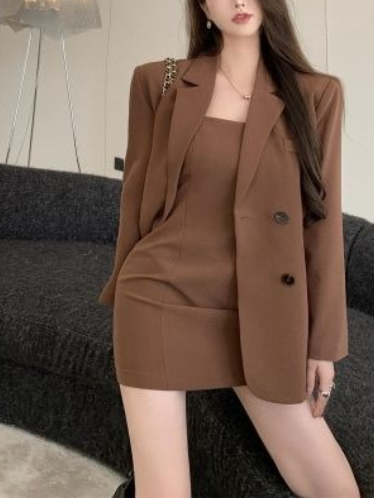 Winter Clothing Pk - Jesienno-zimowy brązowy elegancki dwuczęściowy zestaw damski: